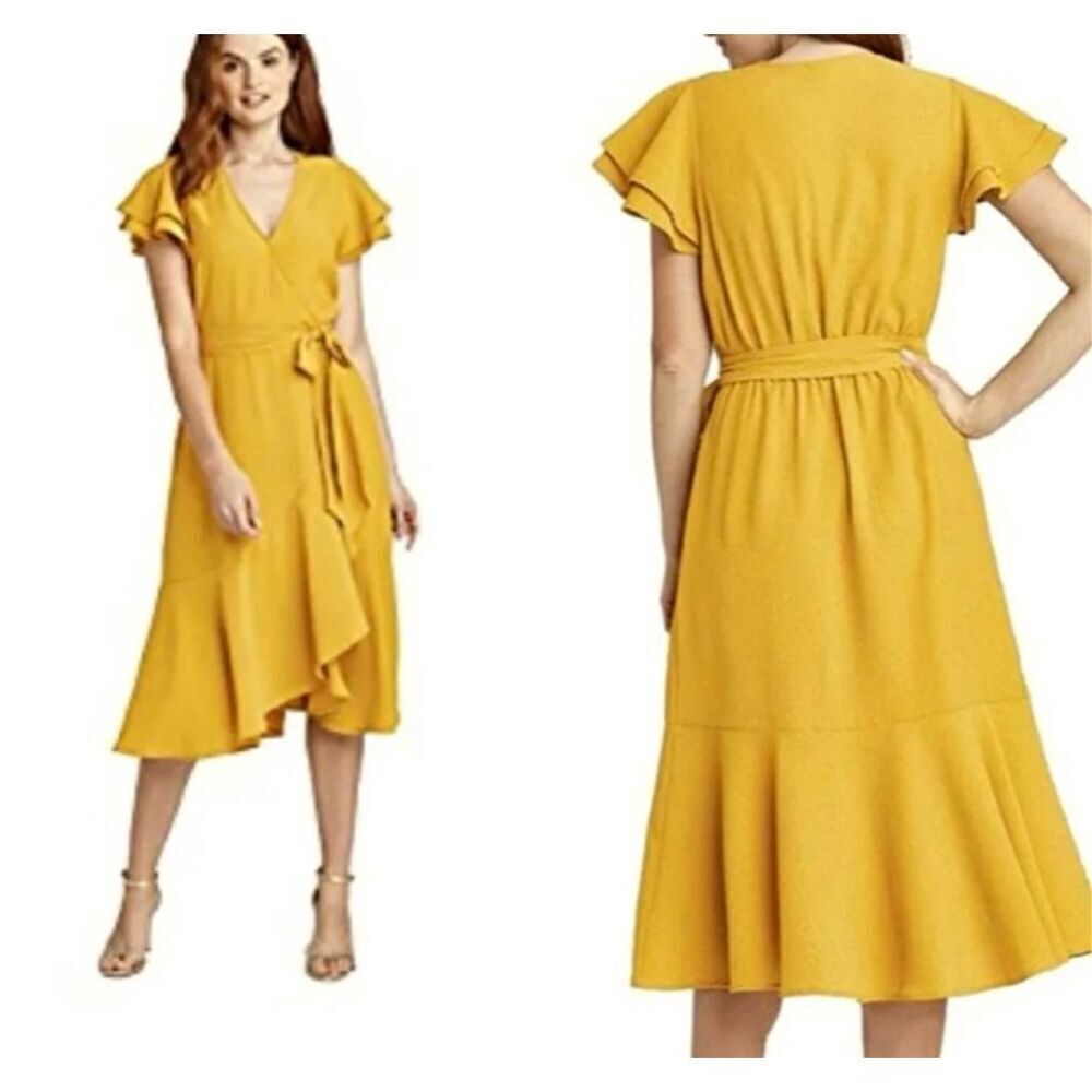 A New Day Women’s Mustard Faux Wrap Ruffle Sleeve MIDI Dress Size Small NEW